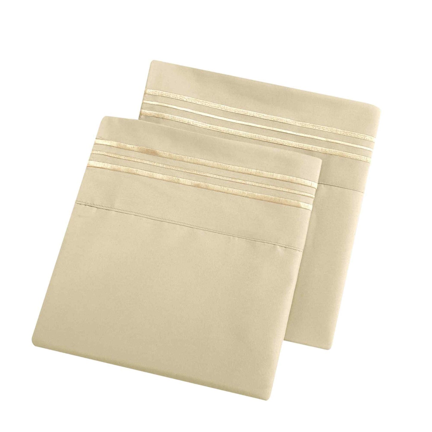 Two beige pillowcases with decorative stripes on a white background