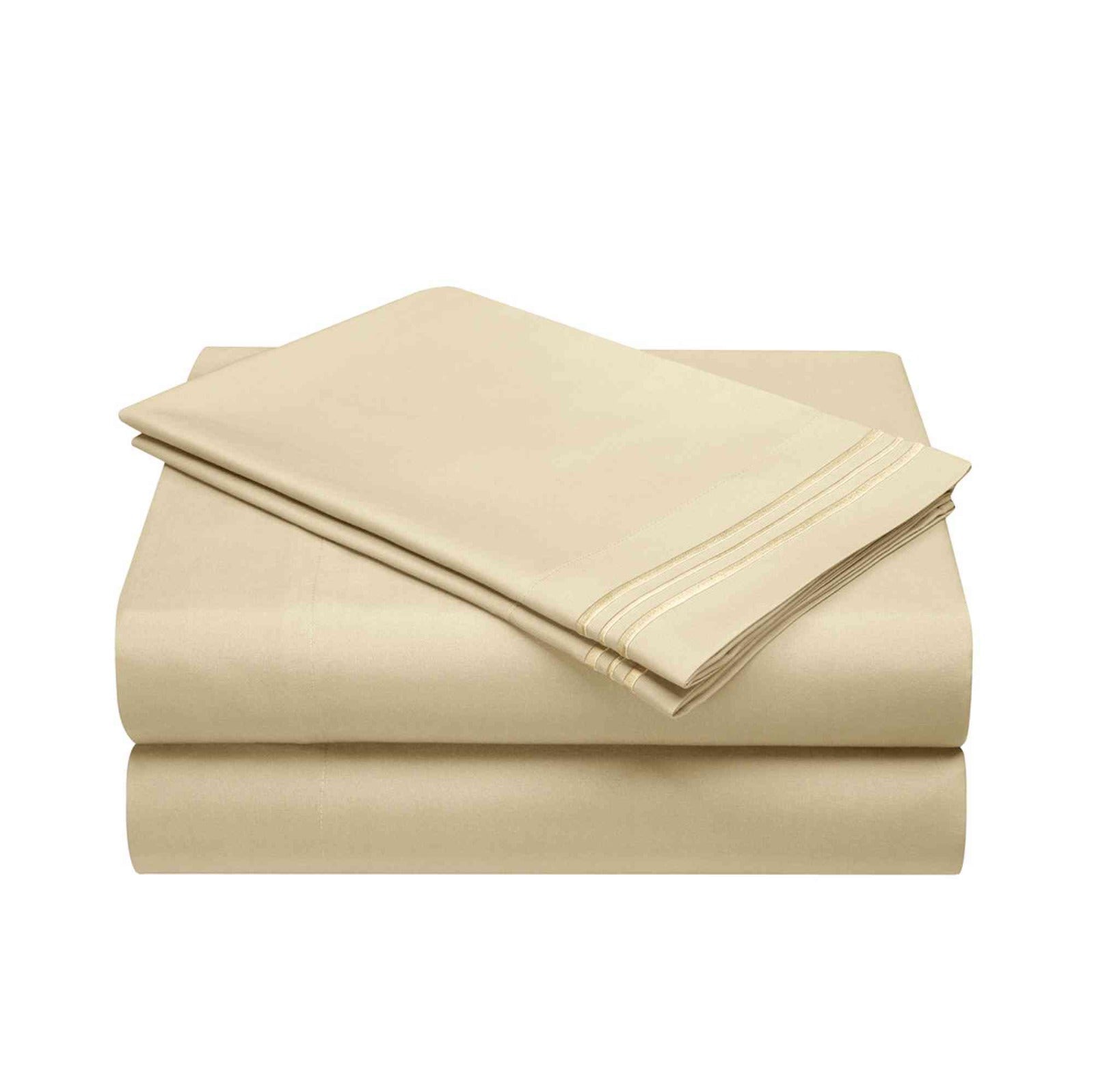 Beige bed sheets folded neatly on a white background